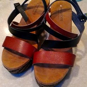 Maurice black and tan leather strapped wedge sandals 9M
